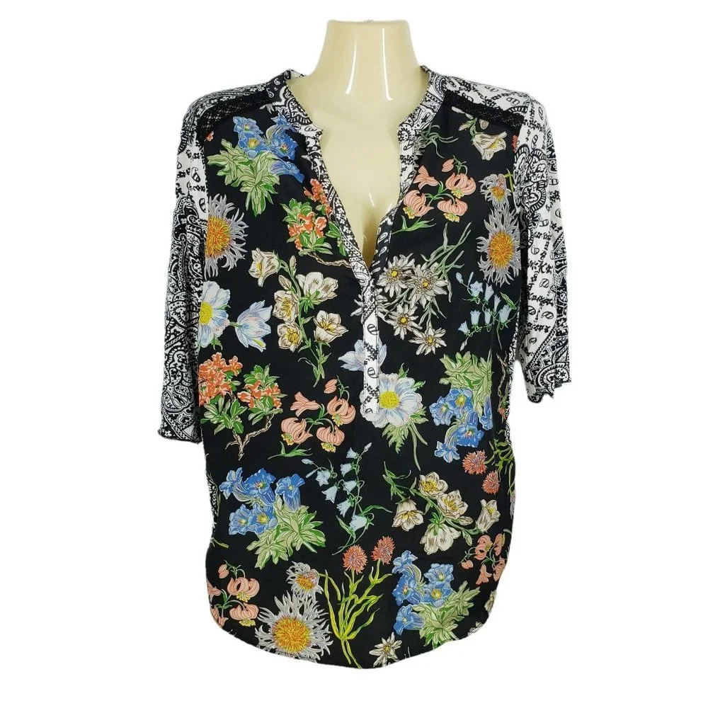 Anthropologie Tiny Effie Floral Popover Blouse Women's Size S Black Multicolor - Picture 1 of 6